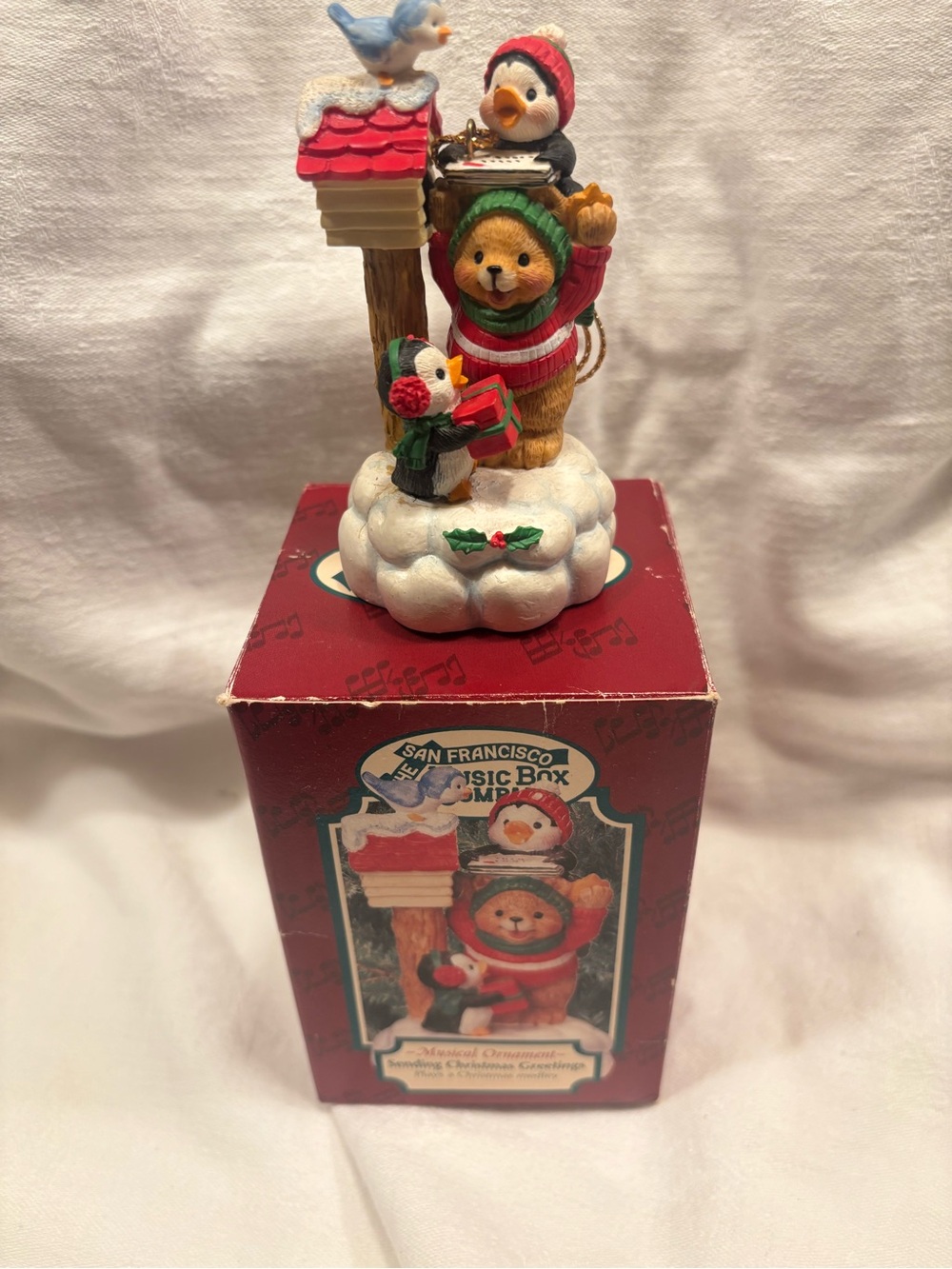 Vintage Holiday Bear & Penguins Figurine - Red Green White